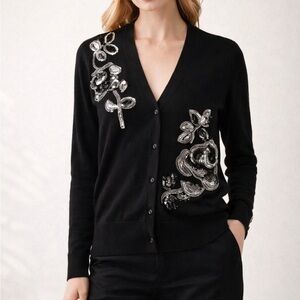 Vintage Once Again Black Sequin Floral Cardigan Button Front Goth Grunge Retro M